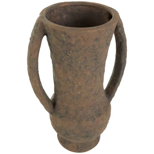 15" Dark Brown Ceramic Handmade Textured Amphora Vase with Two Long Handles